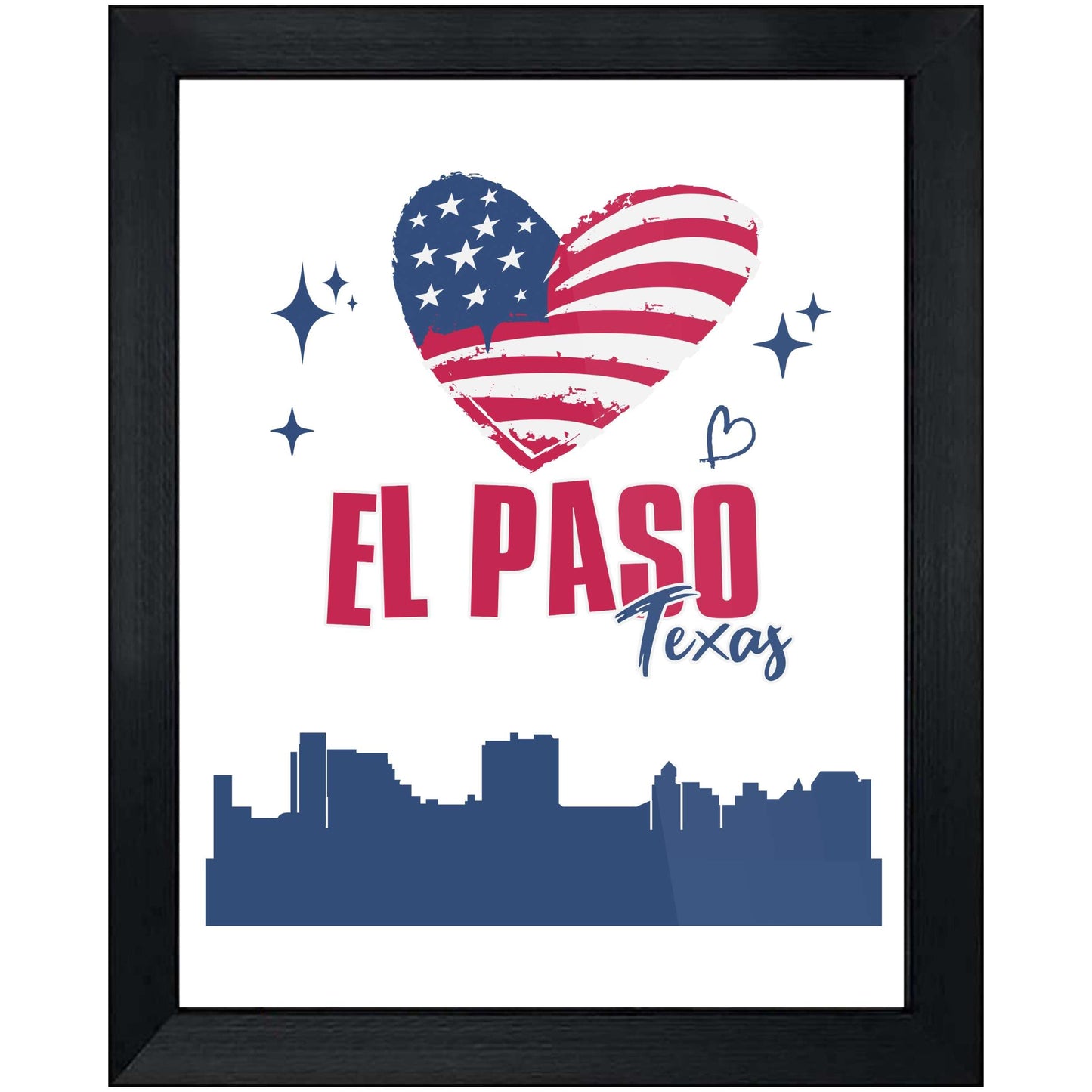 El Paso Texas Skyline American Flag Heart 4th of July 8"x10" Wall Art Print