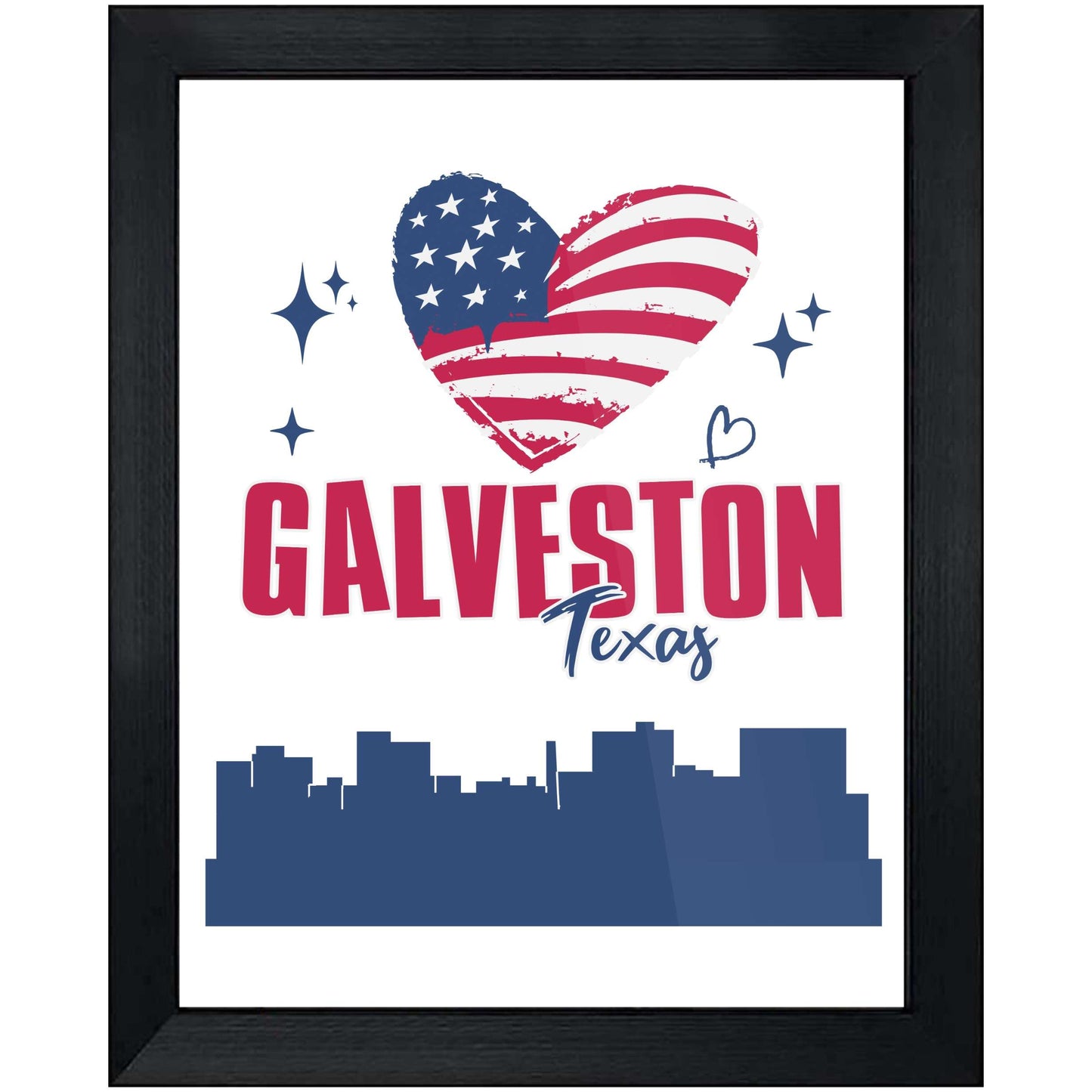 Galveston Texas Skyline American Flag Heart 4th of July 8"x10" Wall Art Print