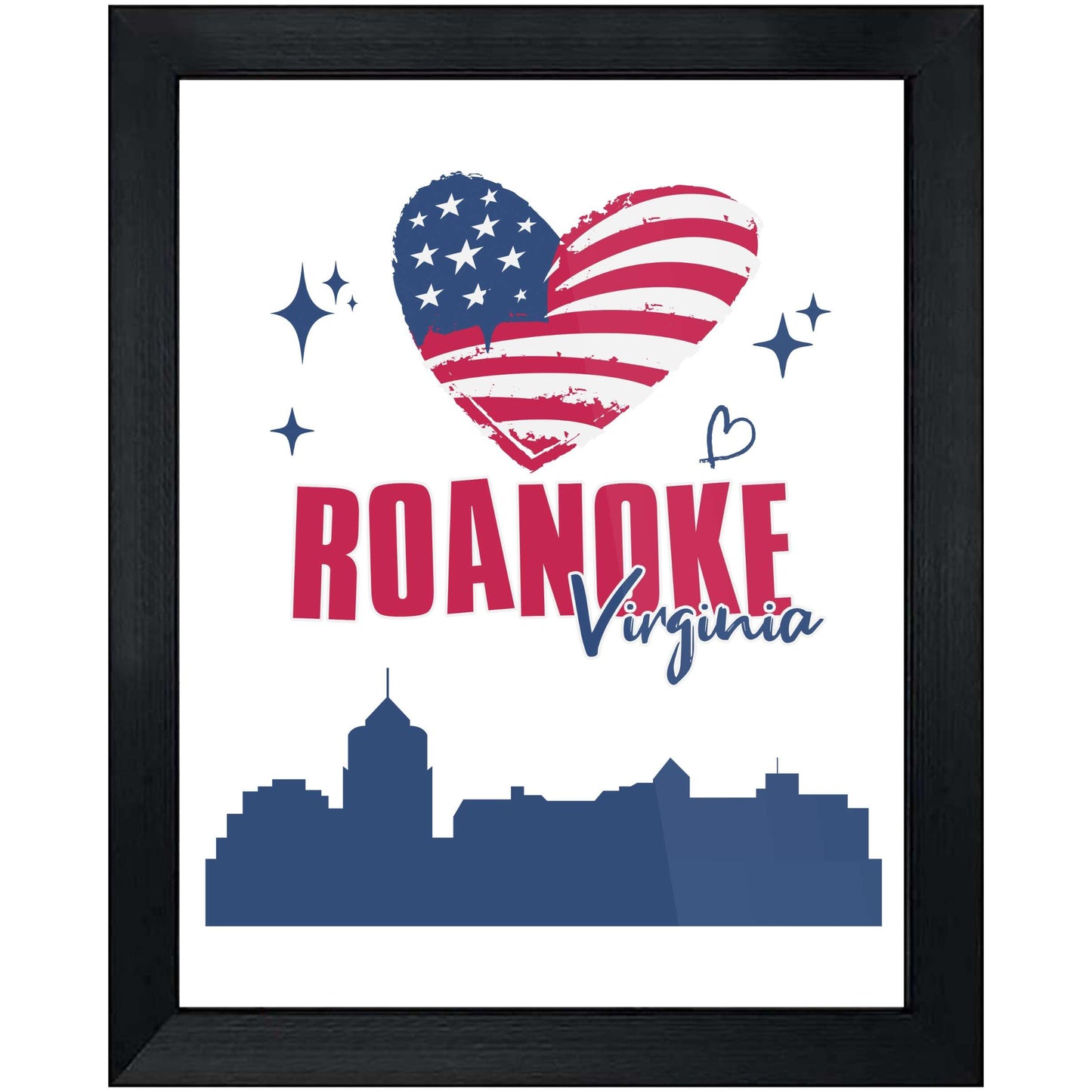 Roanoke Virginia Skyline American Flag Heart 4th of July 8"x10" Wall Art Print