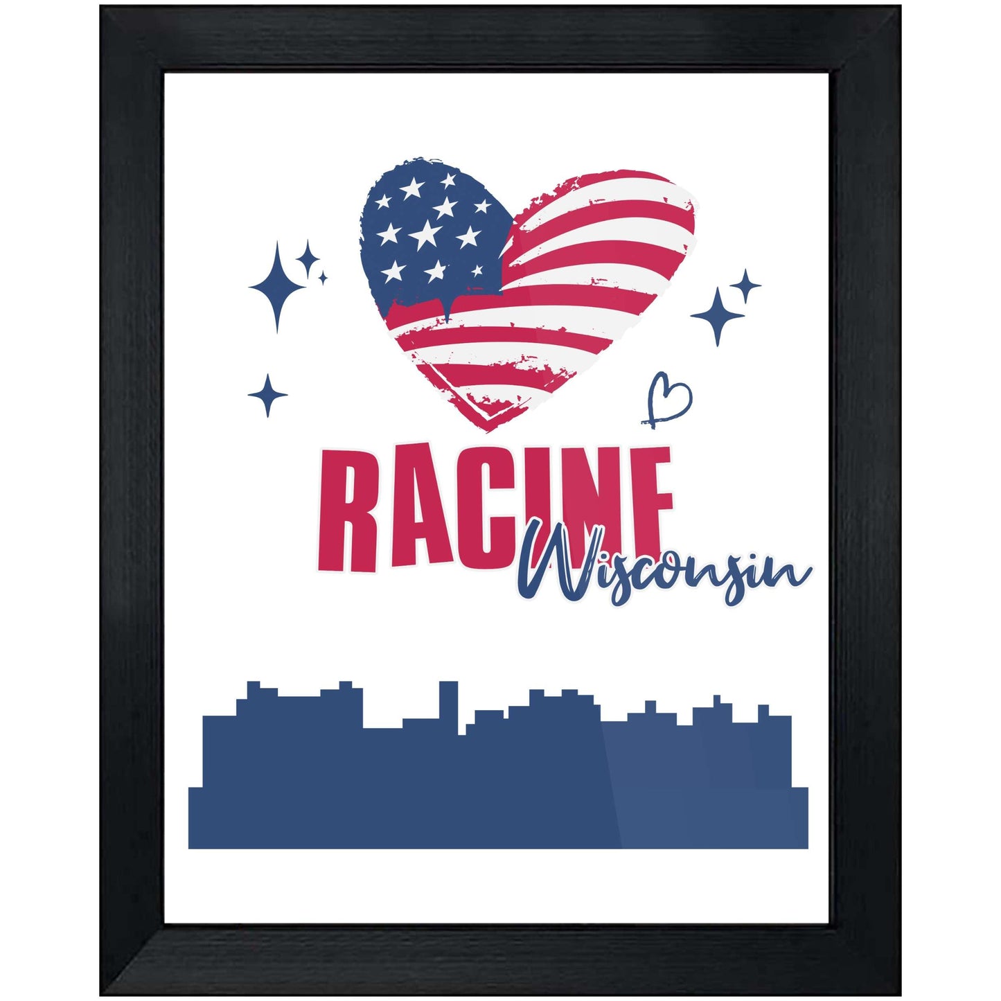 Racine Wisconsin Skyline American Flag Heart 4th of July 8"x10" Wall Art Print