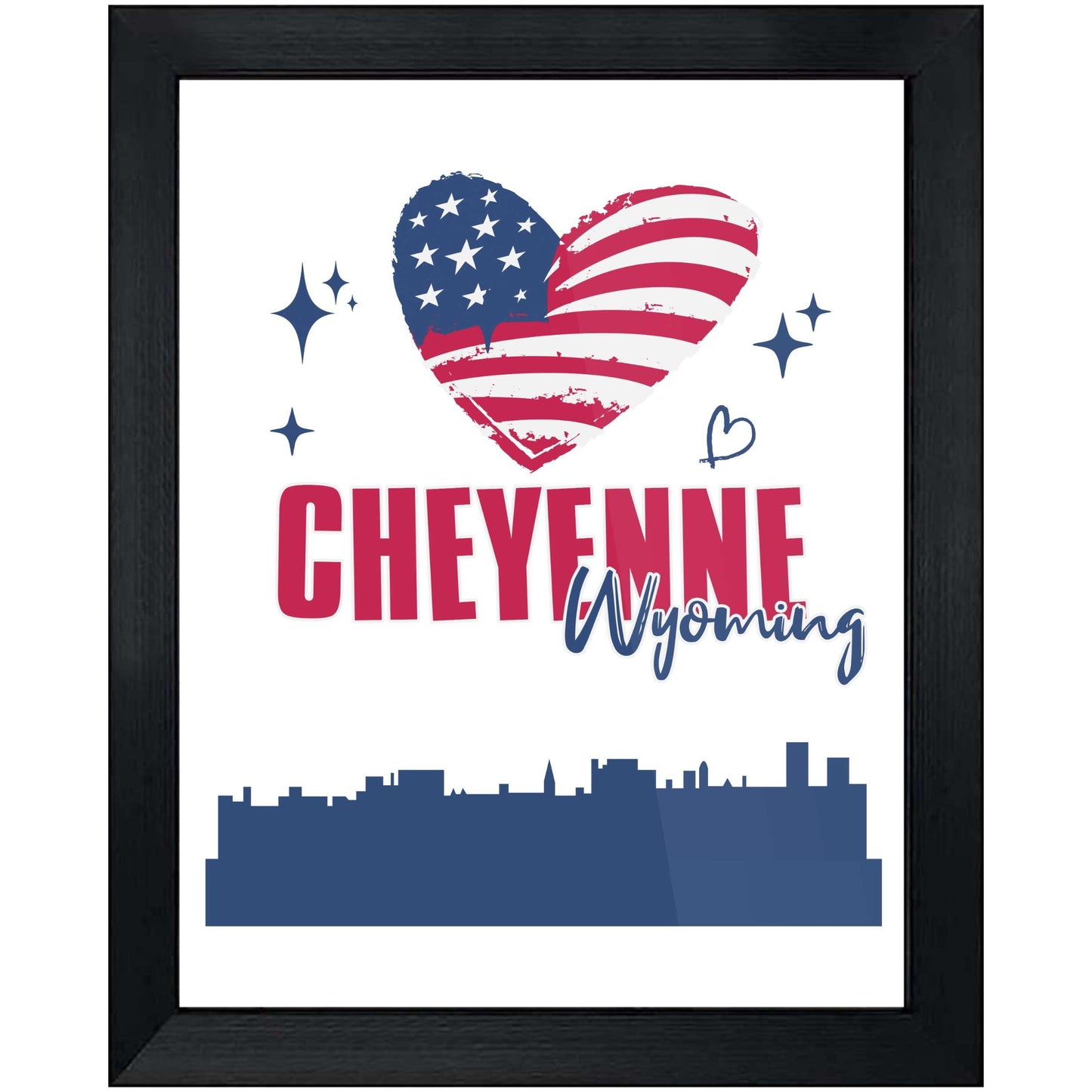 Cheyenne Wyoming Skyline American Flag Heart 4th of July 8"x10" Wall Art Print
