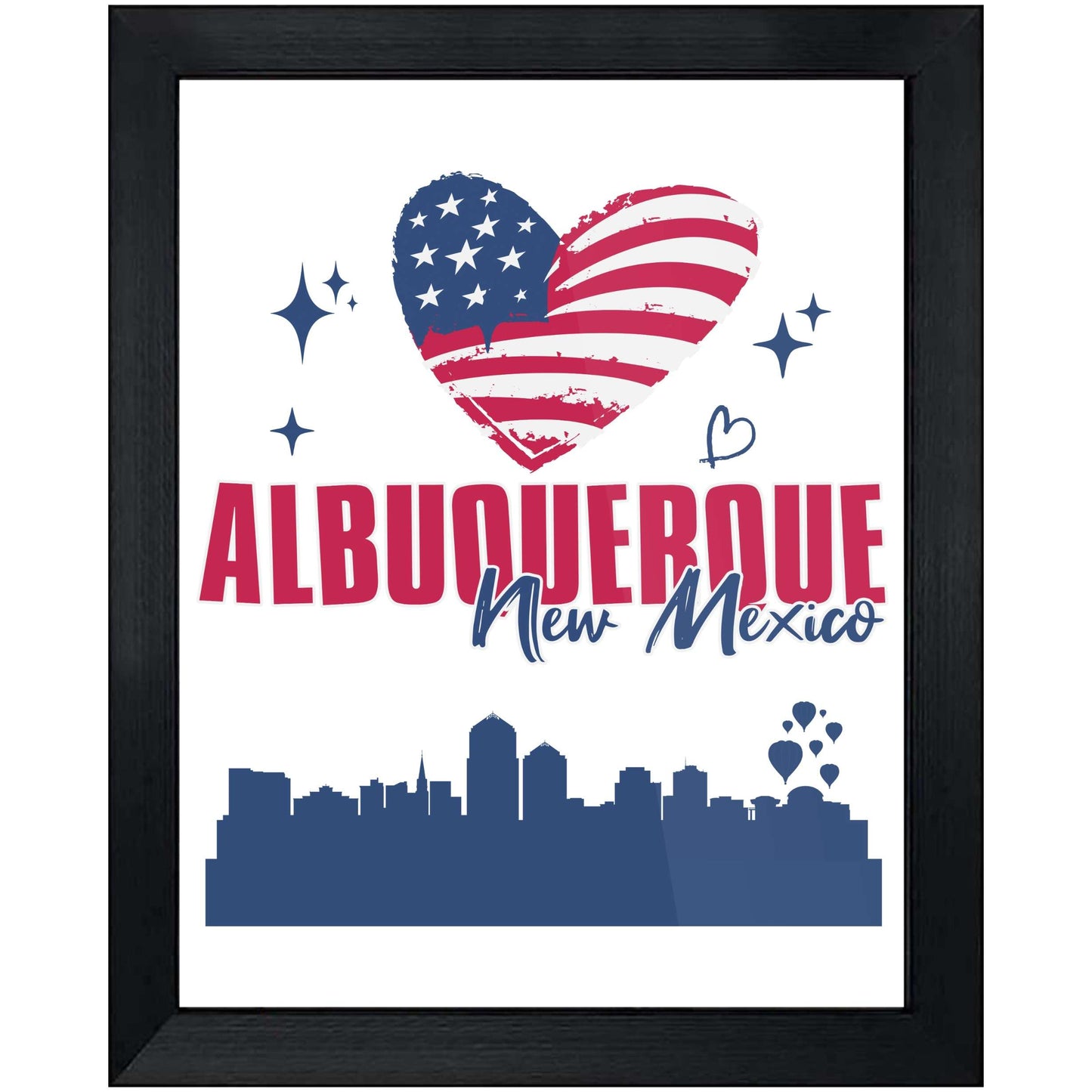 Albuquerque New Mexico Skyline American Flag Heart 4th of July 8"x10" Wall Art Print