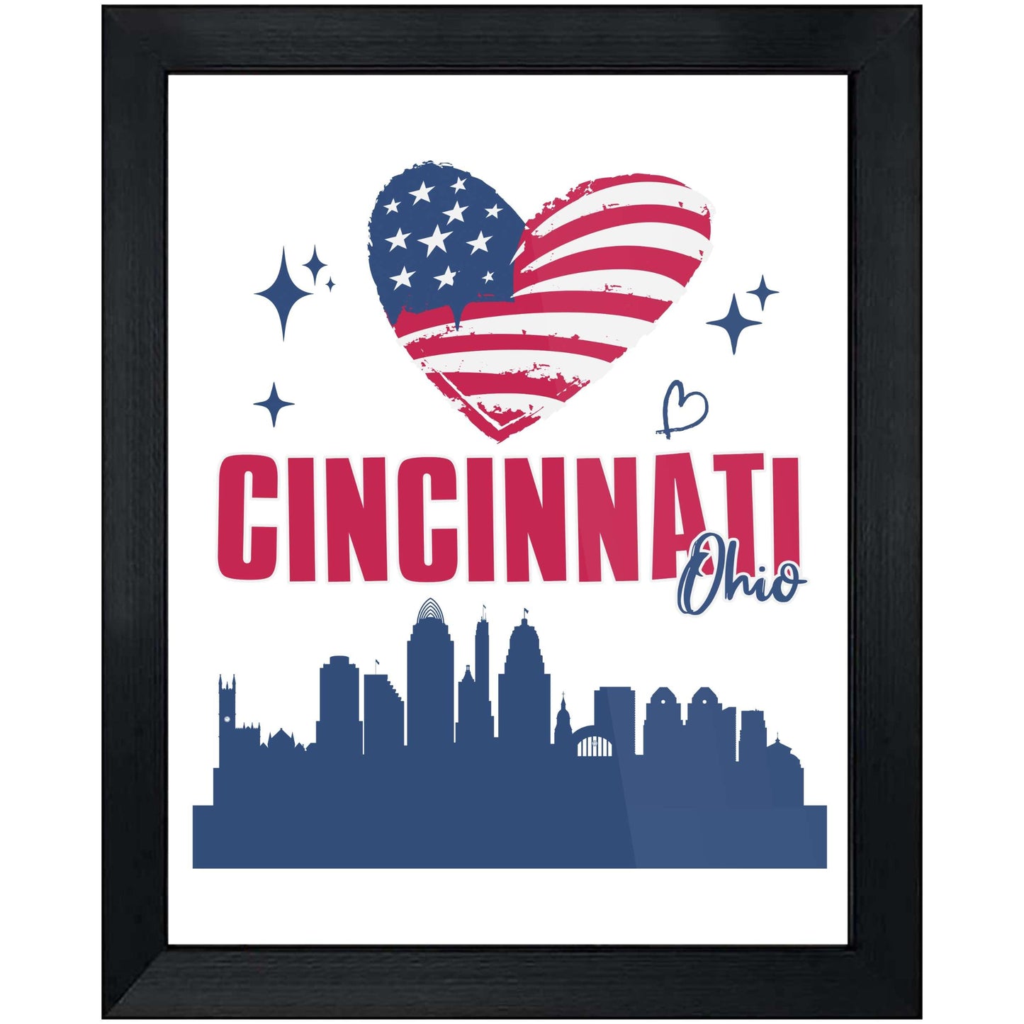 Cincinnati Ohio Skyline American Flag Heart 4th of July 8"x10" Wall Art Print
