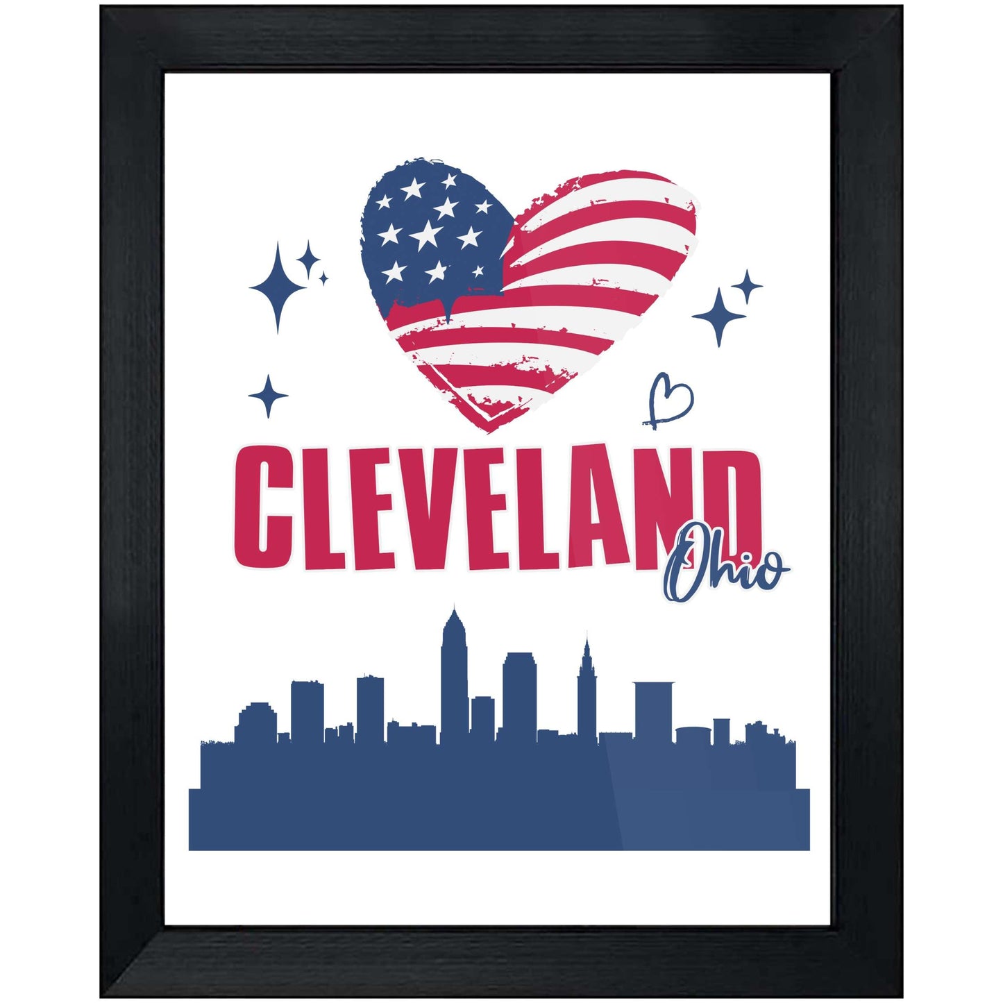 Cleveland Ohio Skyline American Flag Heart 4th of July 8"x10" Wall Art Print