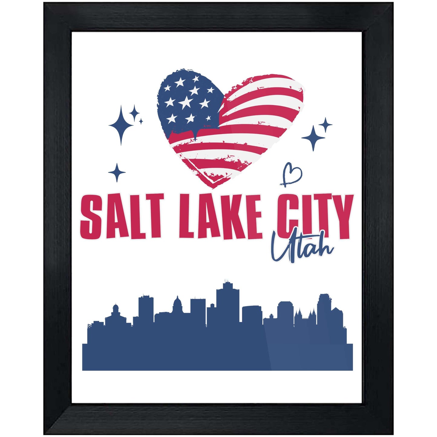 Salt Lake City Utah Skyline American Flag Heart 4th of July 8"x10" Wall Art Print