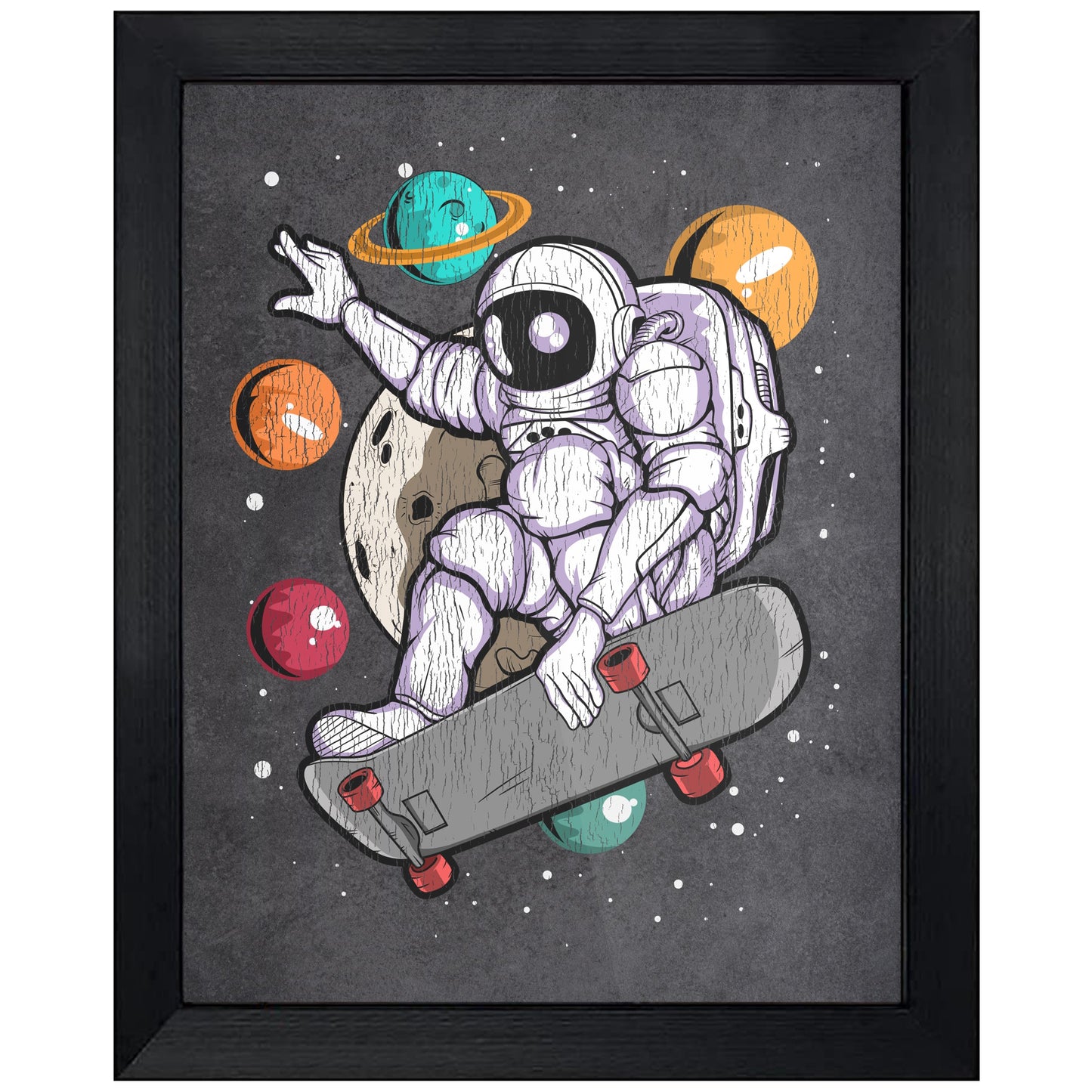 Skateboarding Astronaut Outer Space Spaceman Skater Distressed 8"x10" Wall Art Print