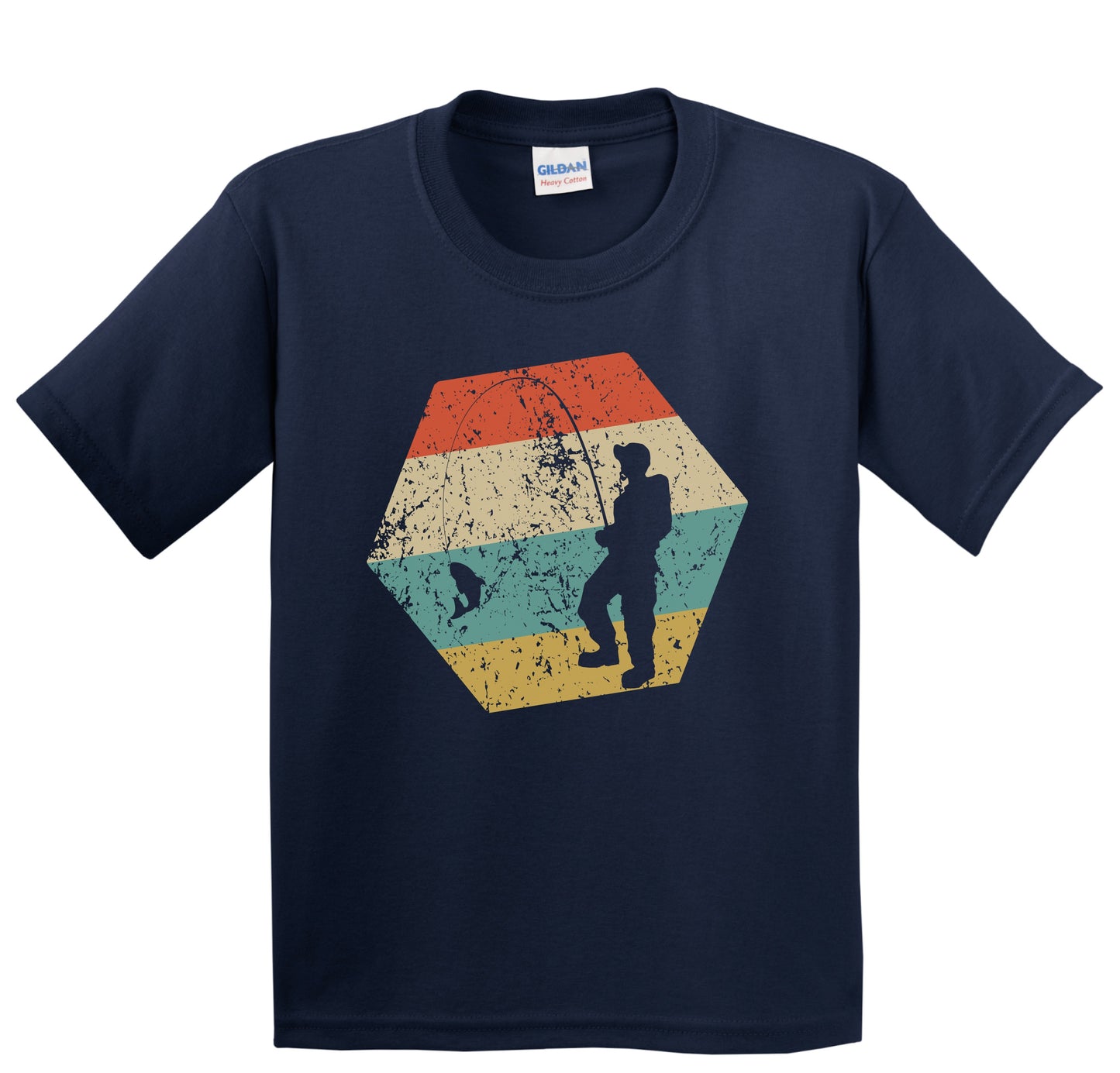 Fishing Retro Distressed Hexagon Fisherman Reeling in Fish Youth T-Shirt