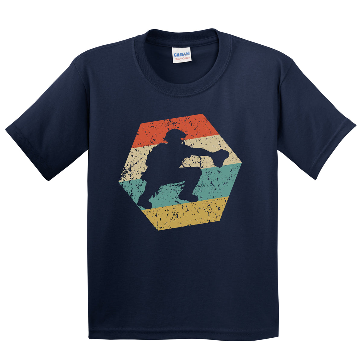 Baseball Player Retro Distressed Hexagon Catcher Youth T-Shirt