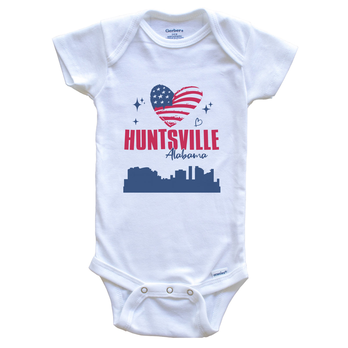 Huntsville Alabama Skyline American Flag Heart 4th of July Baby Bodysuit