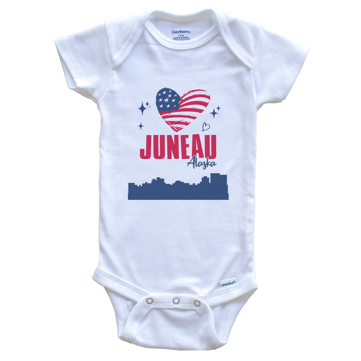 Juneau Alaska Skyline American Flag Heart 4th of July Baby Bodysuit