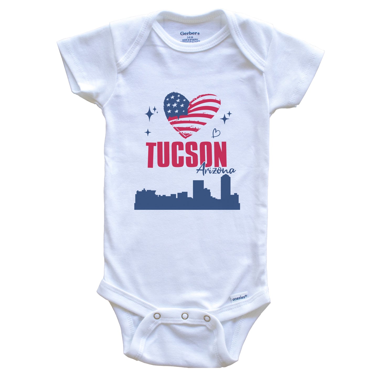 Tucson Arizona Skyline American Flag Heart 4th of July Baby Bodysuit