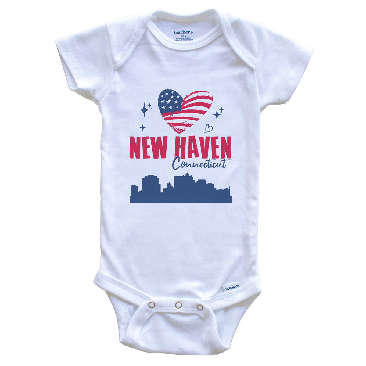 New Haven Connecticut Skyline American Flag Heart 4th of July Baby Bodysuit
