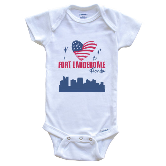 Fort Lauderdale Florida Skyline American Flag Heart 4th of July Baby Bodysuit