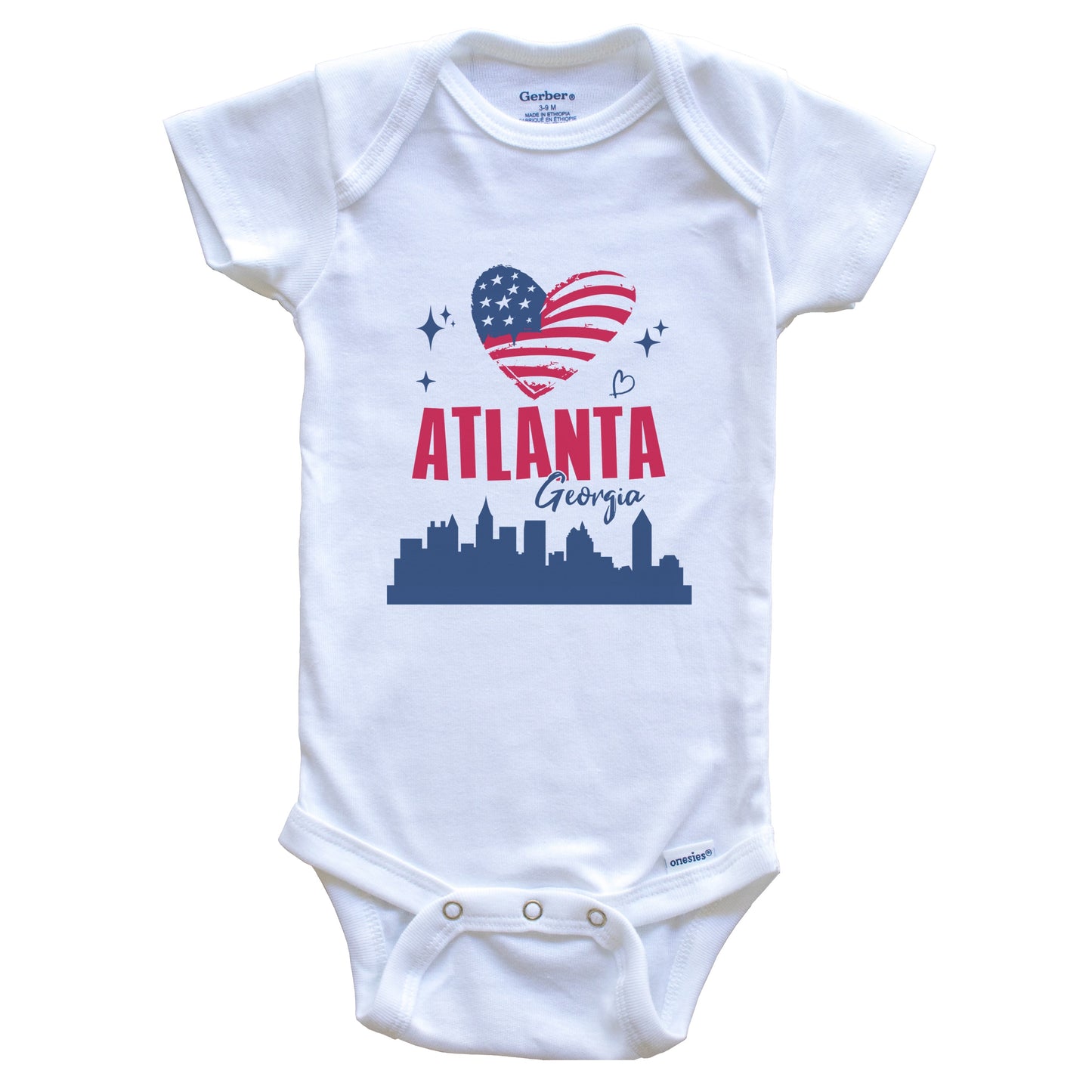 Atlanta Georgia Skyline American Flag Heart 4th of July Baby Bodysuit