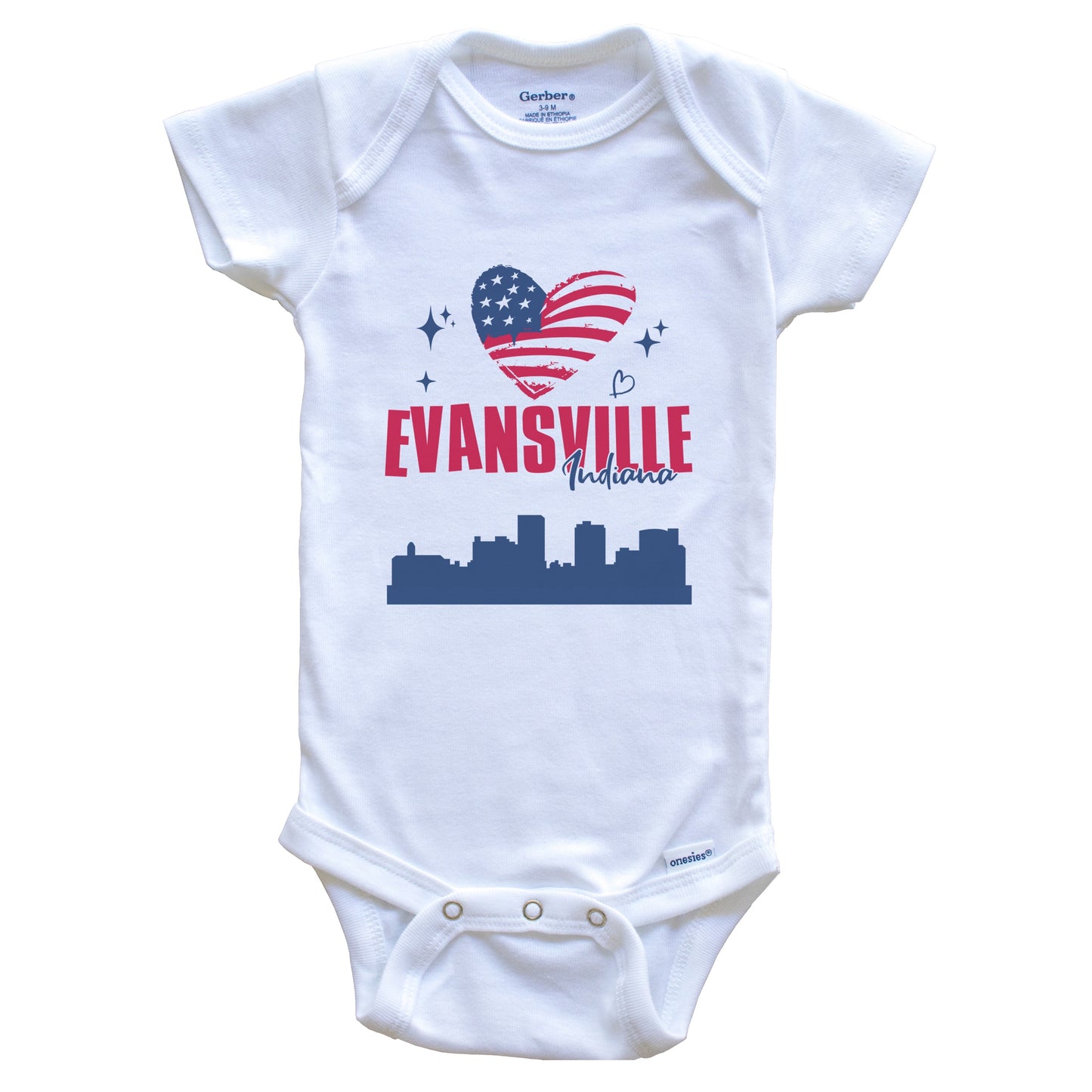 Evansville Indiana Skyline American Flag Heart 4th of July Baby Bodysuit