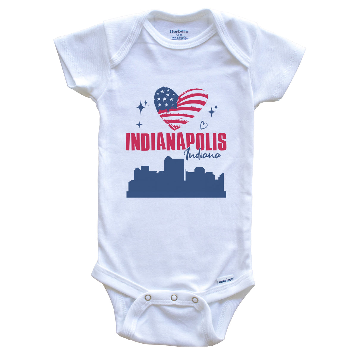 Indianapolis Indiana Skyline American Flag Heart 4th of July Baby Bodysuit