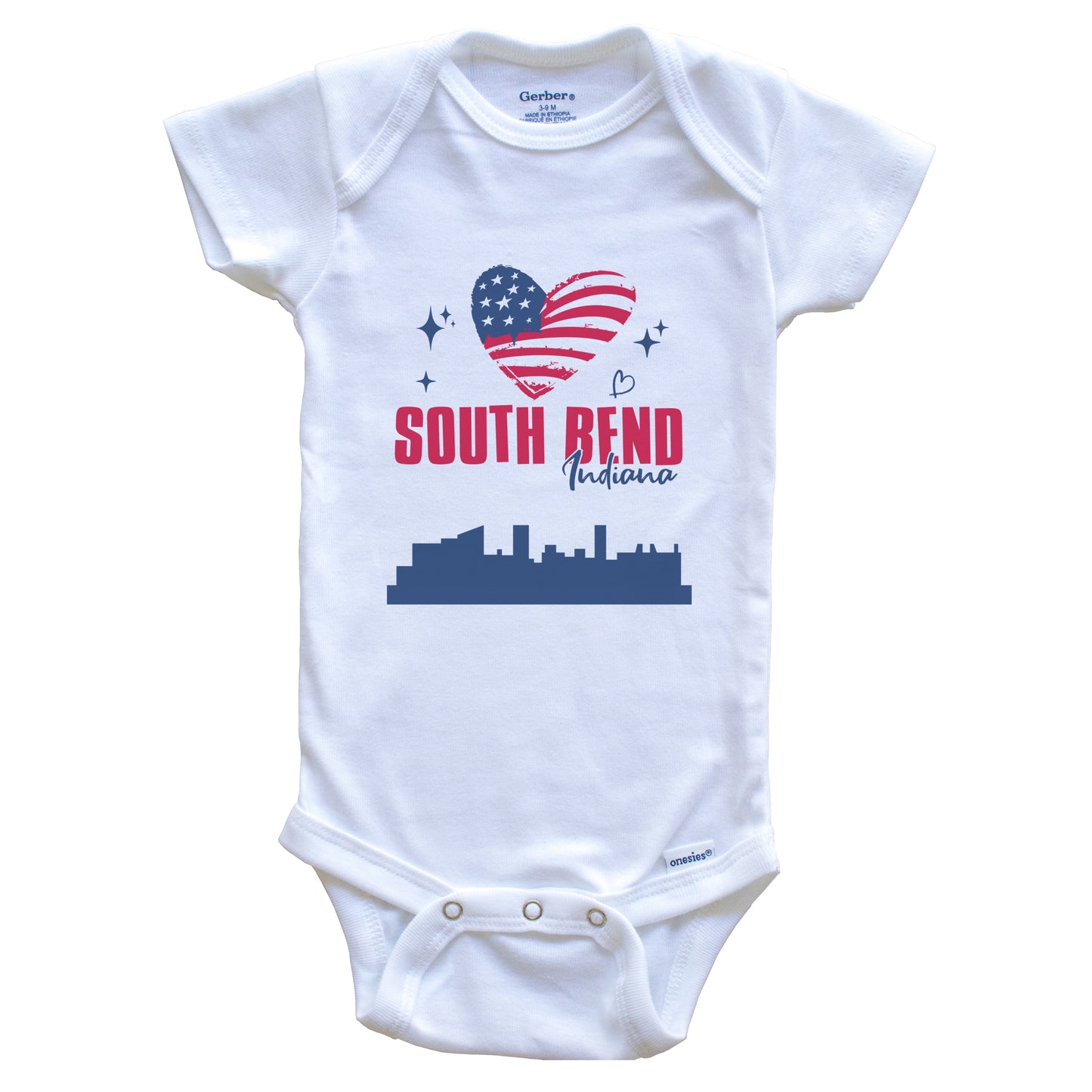 South Bend Indiana Skyline American Flag Heart 4th of July Baby Bodysuit