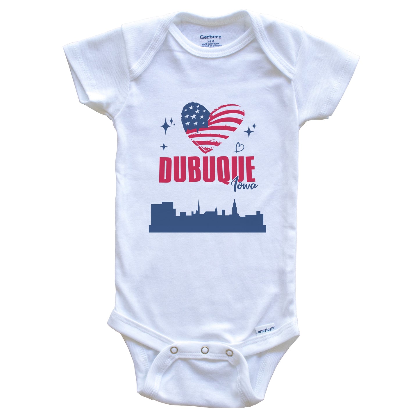 Dubuque Iowa Skyline American Flag Heart 4th of July Baby Bodysuit