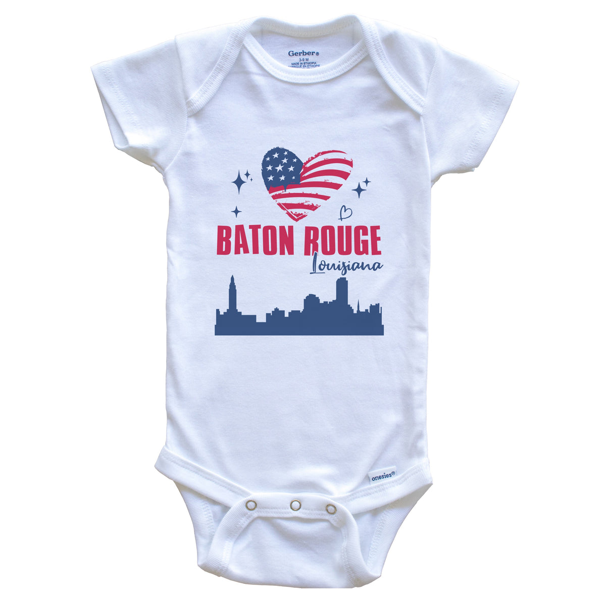 Baton Rouge Louisiana Skyline American Flag Heart 4th of July Baby Bodysuit