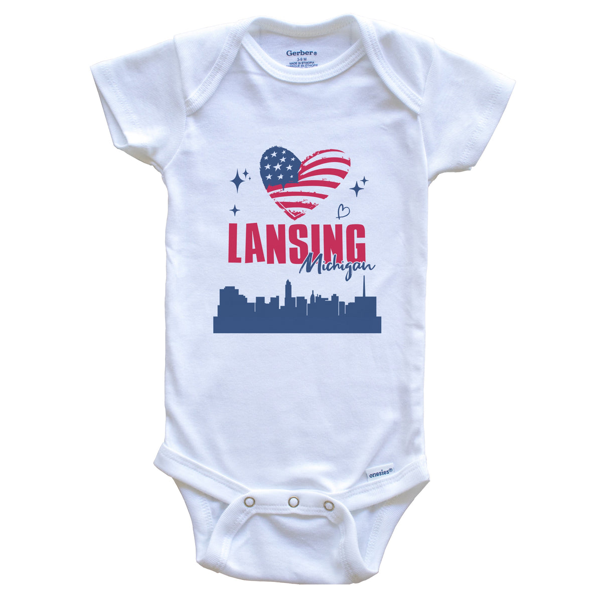 Lansing Michigan Skyline American Flag Heart 4th of July Baby Bodysuit