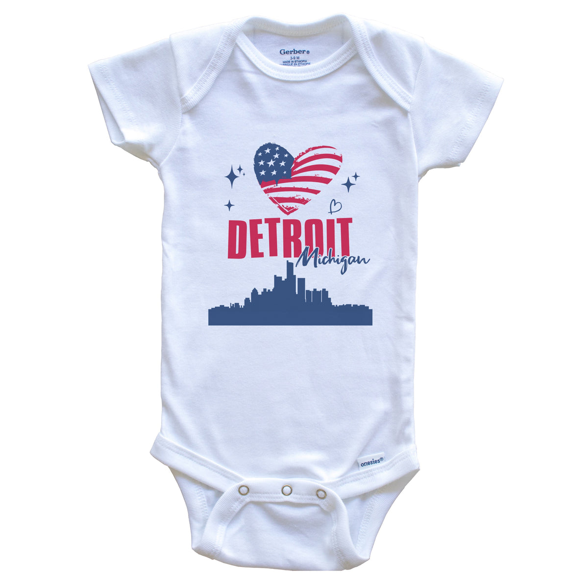 Detroit Michigan Skyline American Flag Heart 4th of July Baby Bodysuit