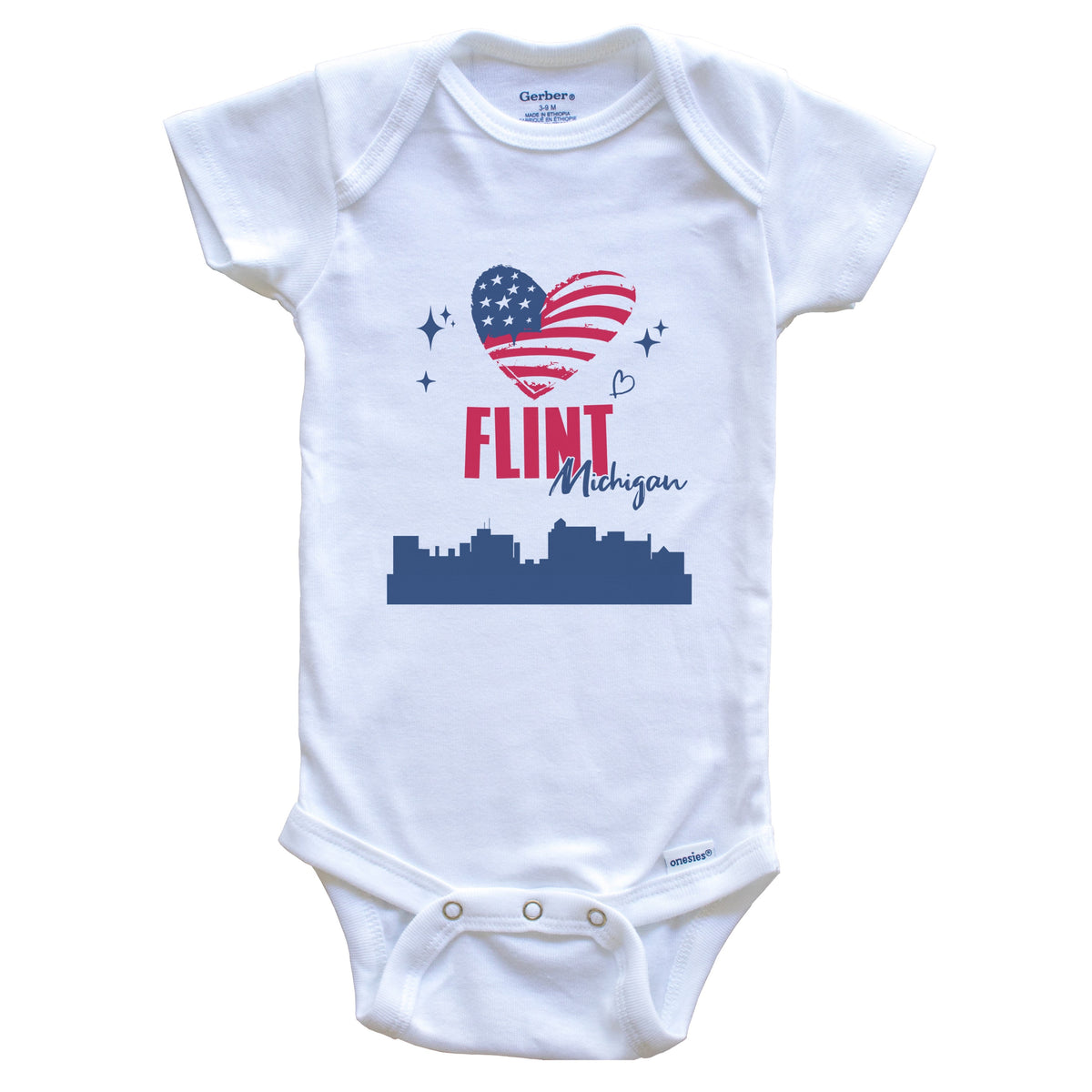 Flint Michigan Skyline American Flag Heart 4th of July Baby Bodysuit