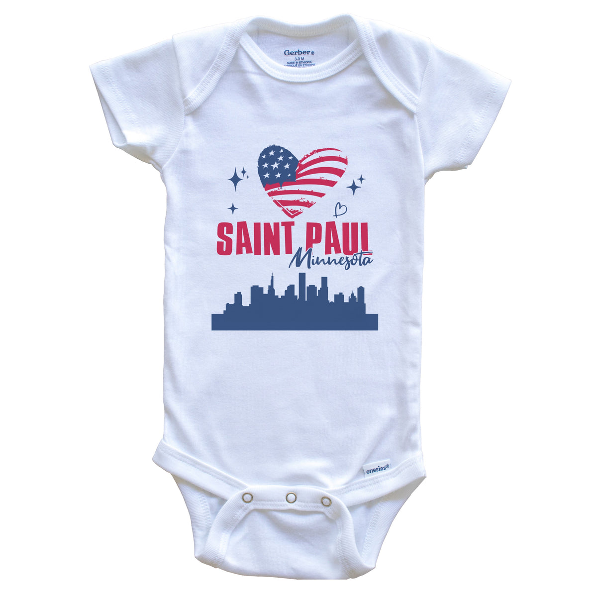 Saint Paul Minnesota Skyline American Flag Heart 4th of July Baby Bodysuit