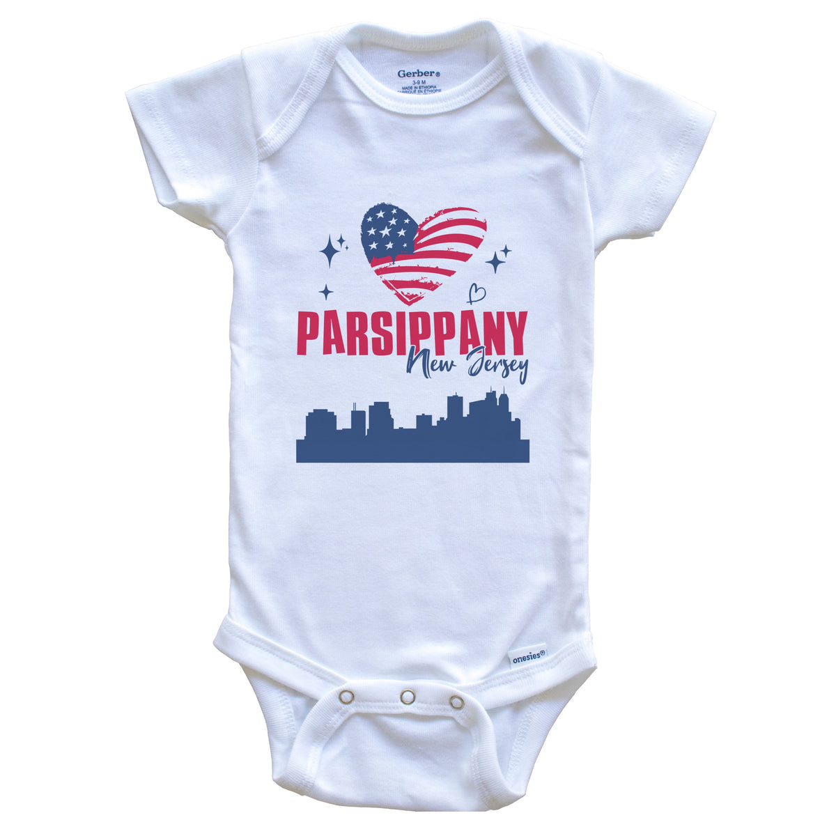 Parsippany New Jersey Skyline American Flag Heart 4th of July Baby Bodysuit