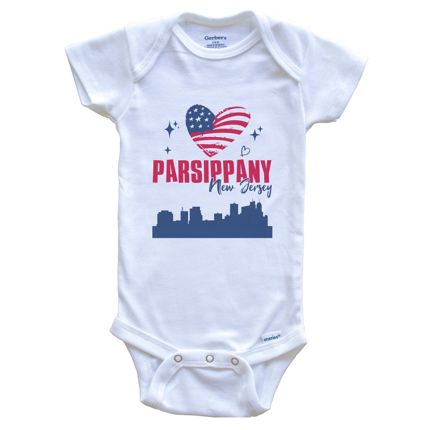 Parsippany New Jersey Skyline American Flag Heart 4th of July Baby Bodysuit