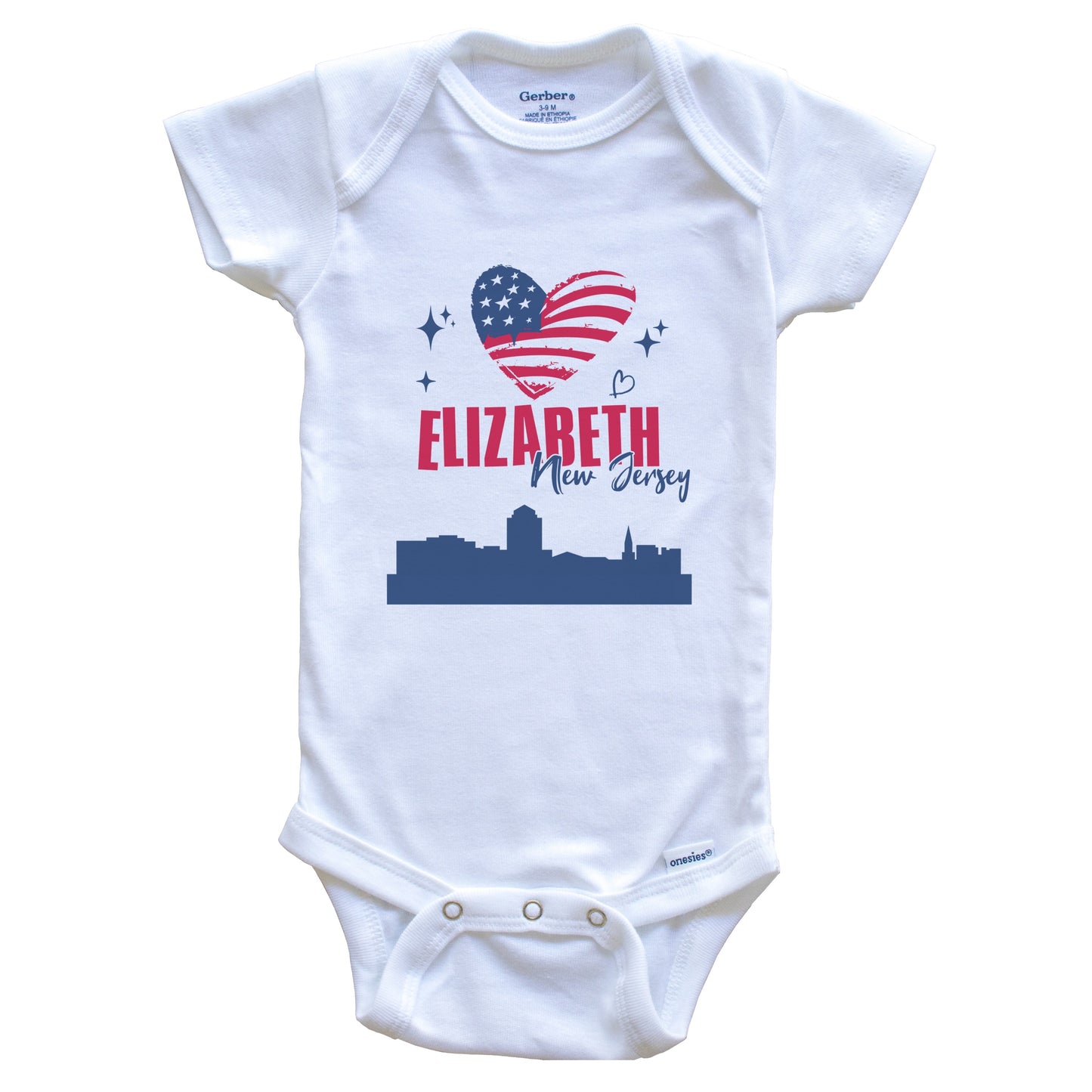 Elizabeth New Jersey Skyline American Flag Heart 4th of July Baby Bodysuit