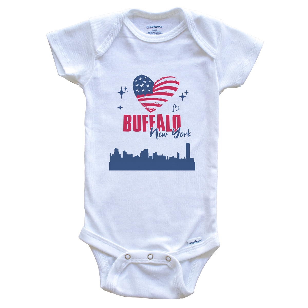 Buffalo New York Skyline American Flag Heart 4th of July Baby Bodysuit