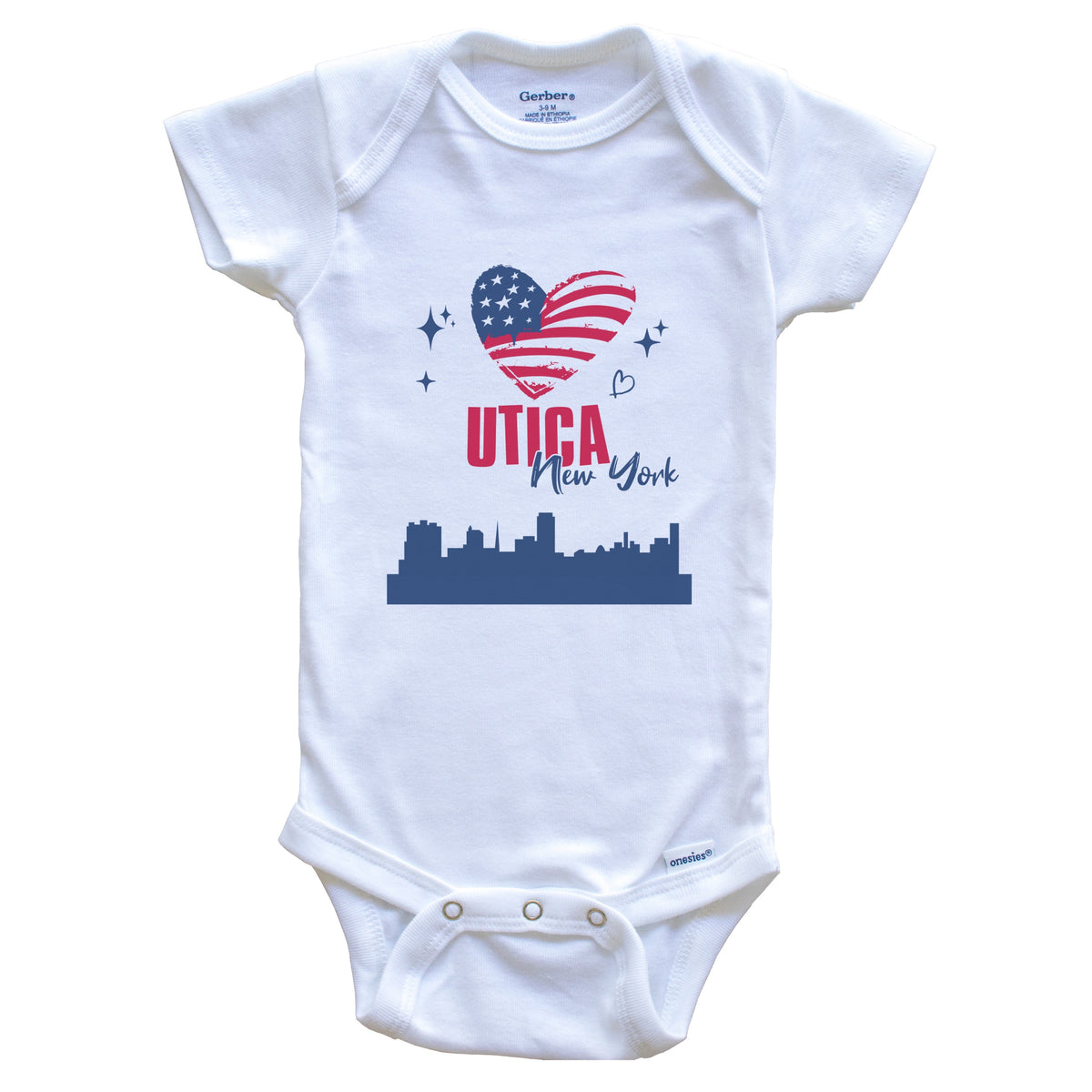 Utica New York Skyline American Flag Heart 4th of July Baby Bodysuit