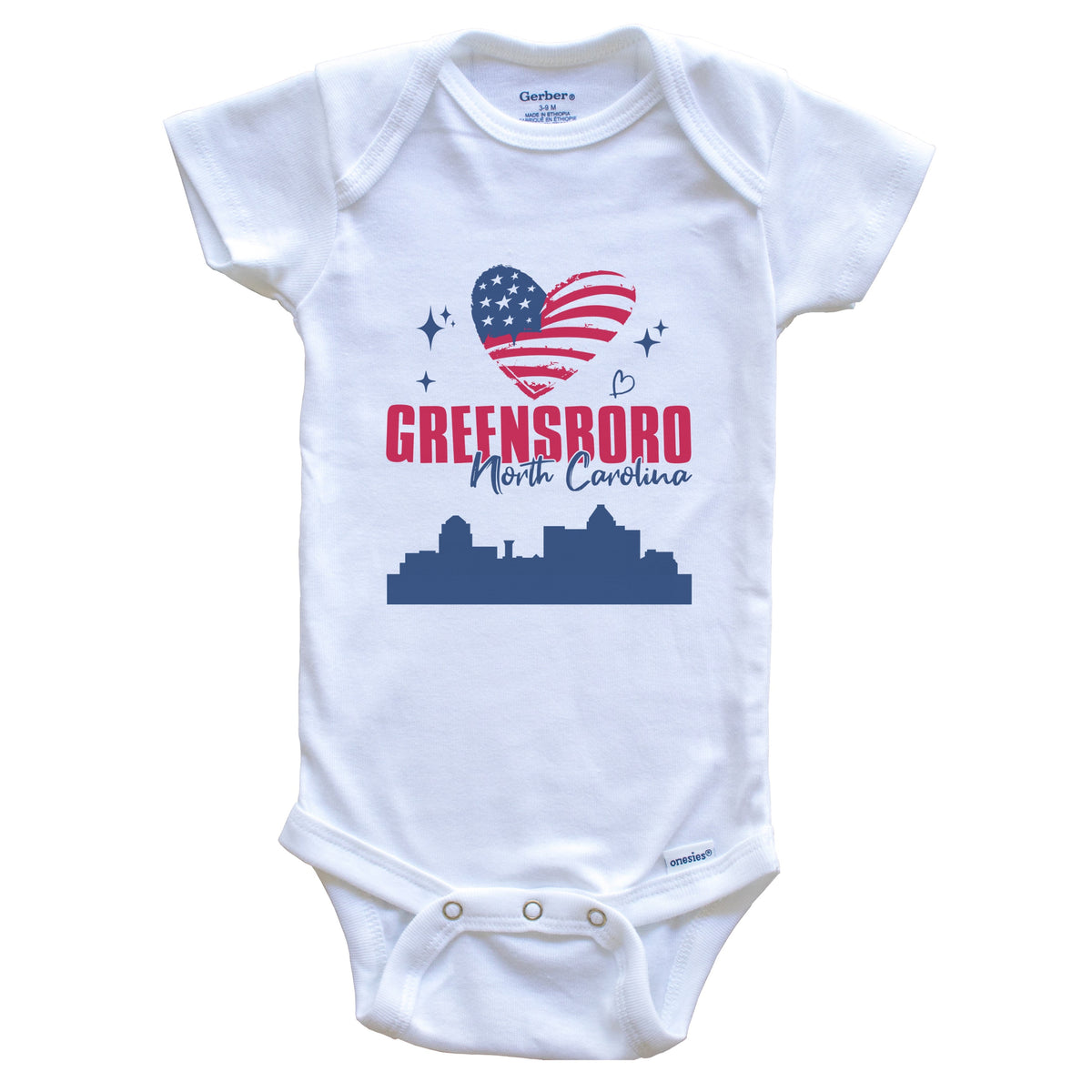 Greensboro North Carolina Skyline American Flag Heart 4th of July Baby Bodysuit