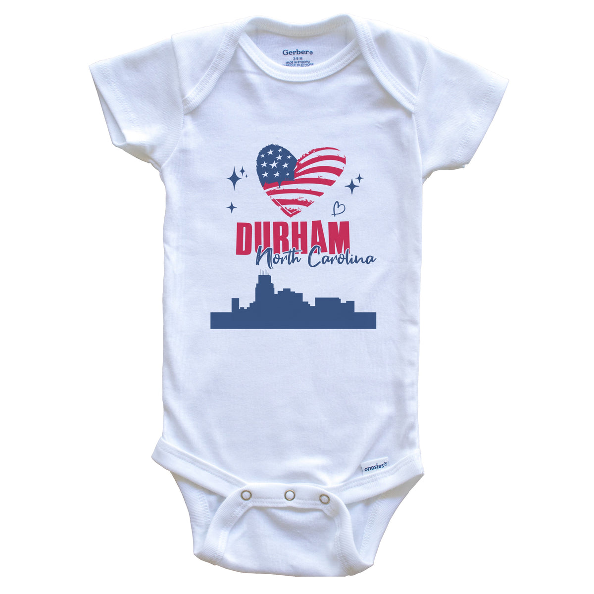 Durham North Carolina Skyline American Flag Heart 4th of July Baby Bodysuit