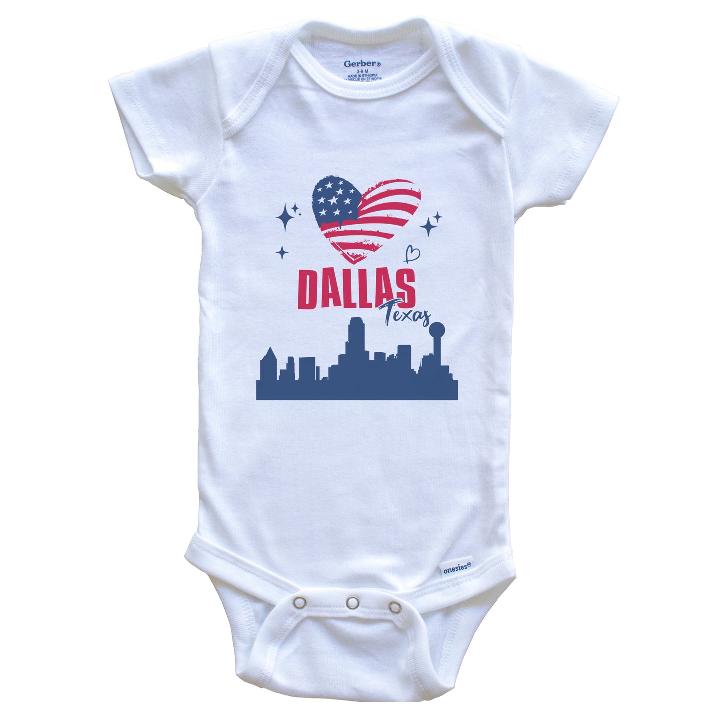 Dallas Texas Skyline American Flag Heart 4th of July Baby Bodysuit