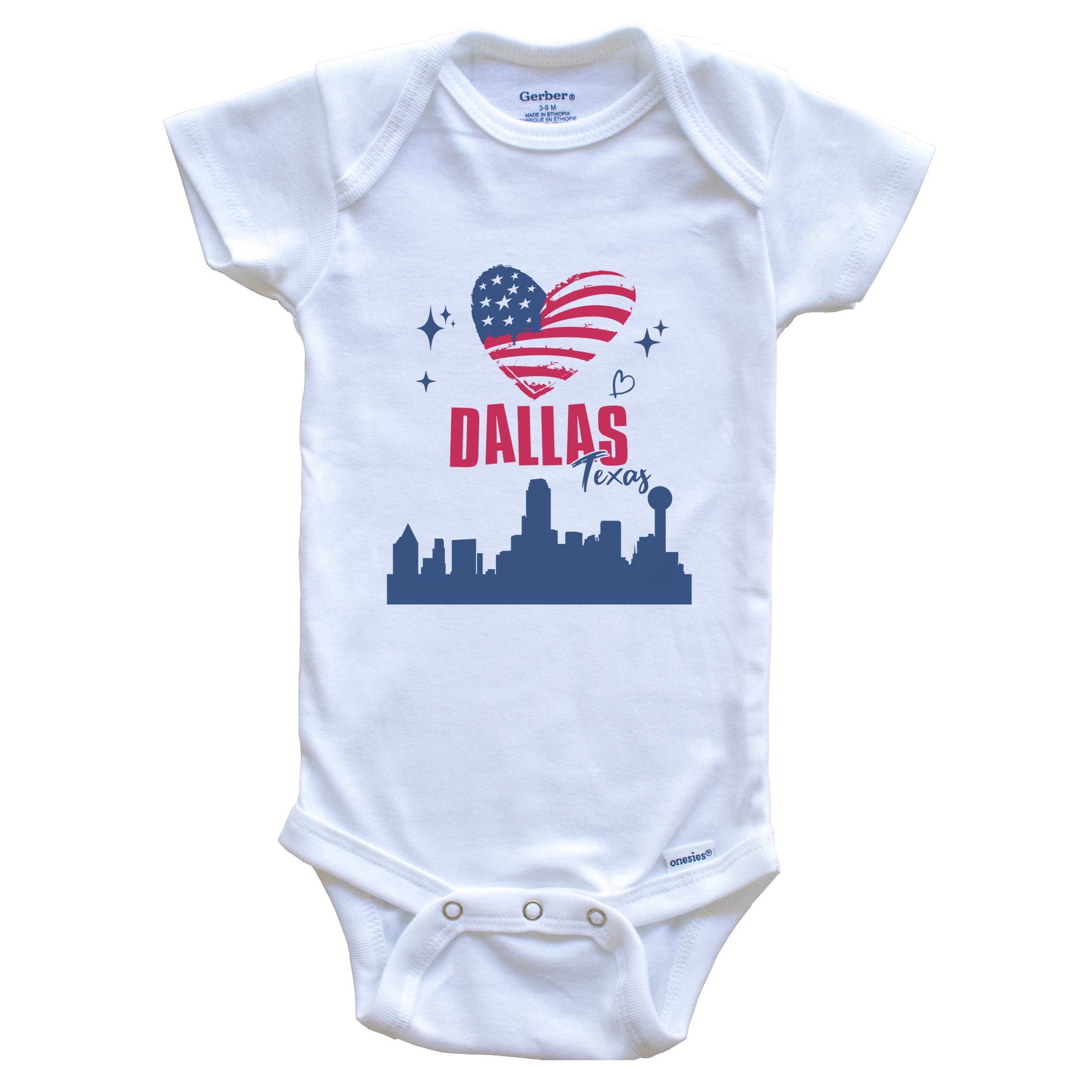 Dallas Texas Skyline American Flag Heart 4th of July Baby Bodysuit