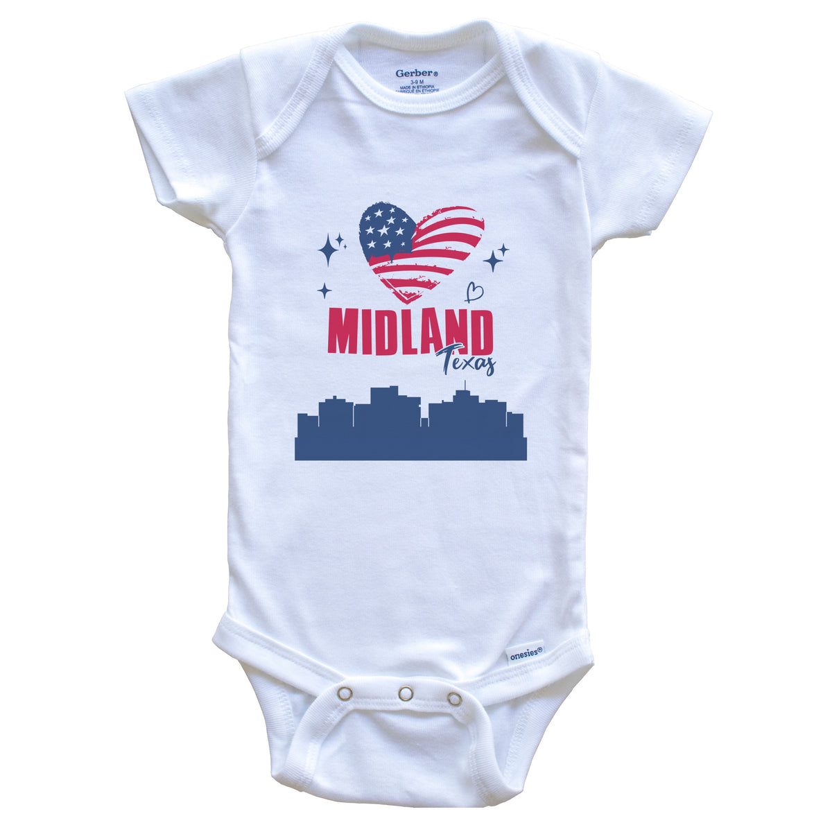 Midland Texas Skyline American Flag Heart 4th of July Baby Bodysuit