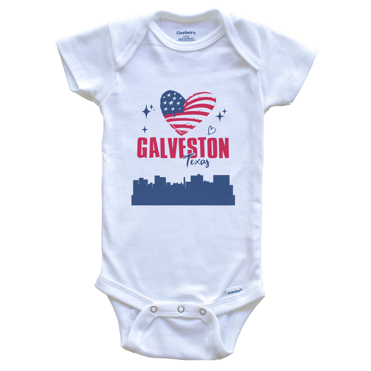 Galveston Texas Skyline American Flag Heart 4th of July Baby Bodysuit