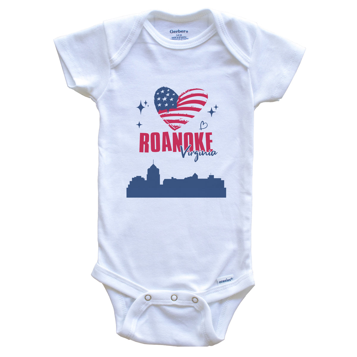 Roanoke Virginia Skyline American Flag Heart 4th of July Baby Bodysuit