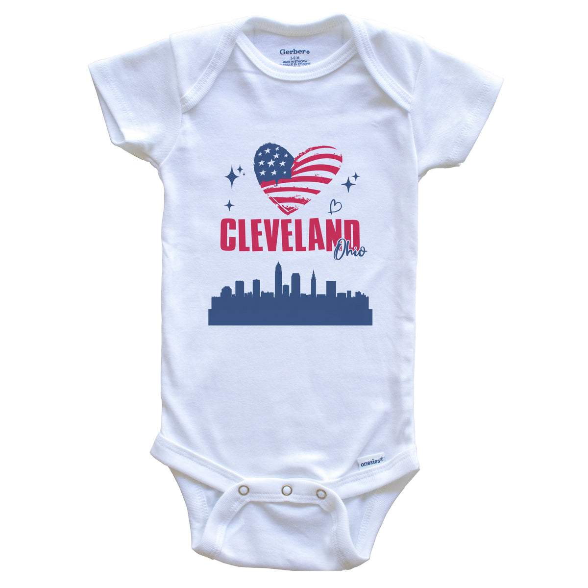 Cleveland Ohio Skyline American Flag Heart 4th of July Baby Bodysuit