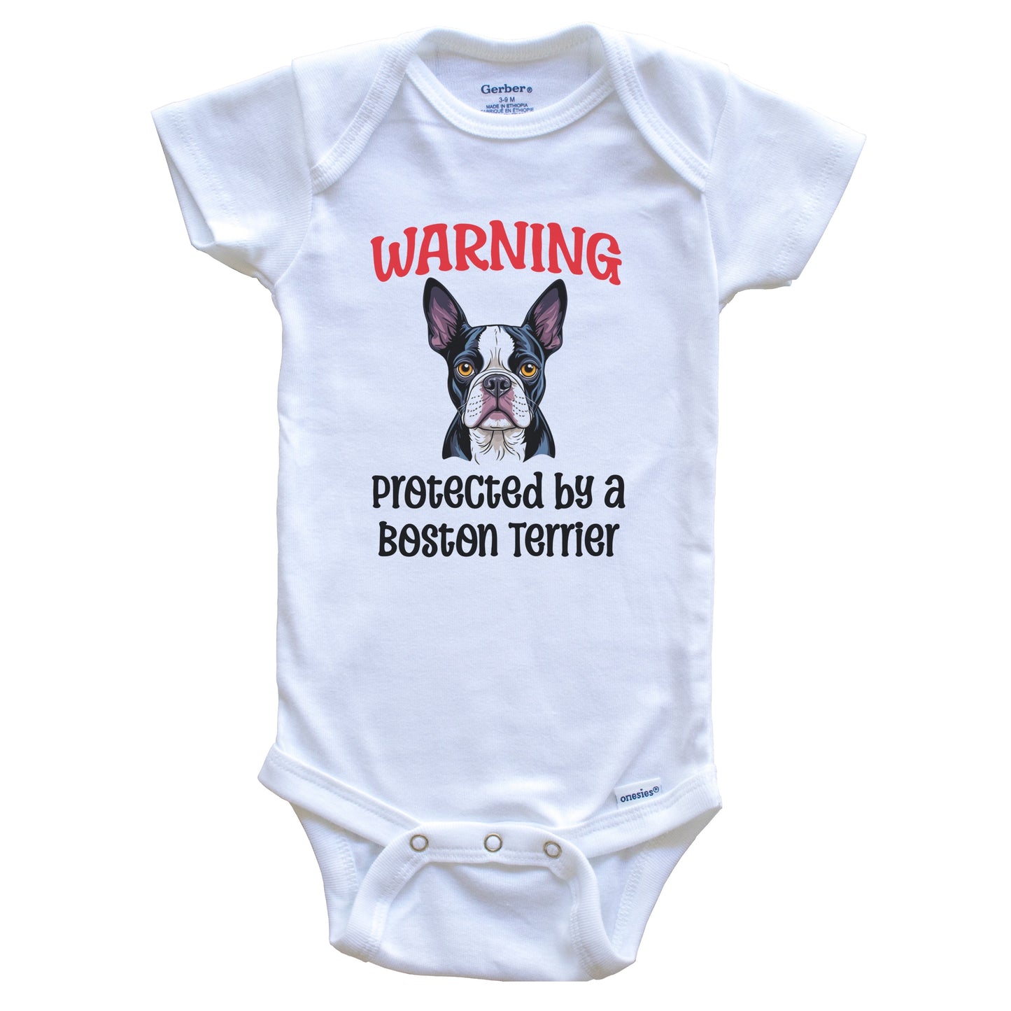 Warning Protected By A Boston Terrier Funny Dog Breed Baby Bodysuit