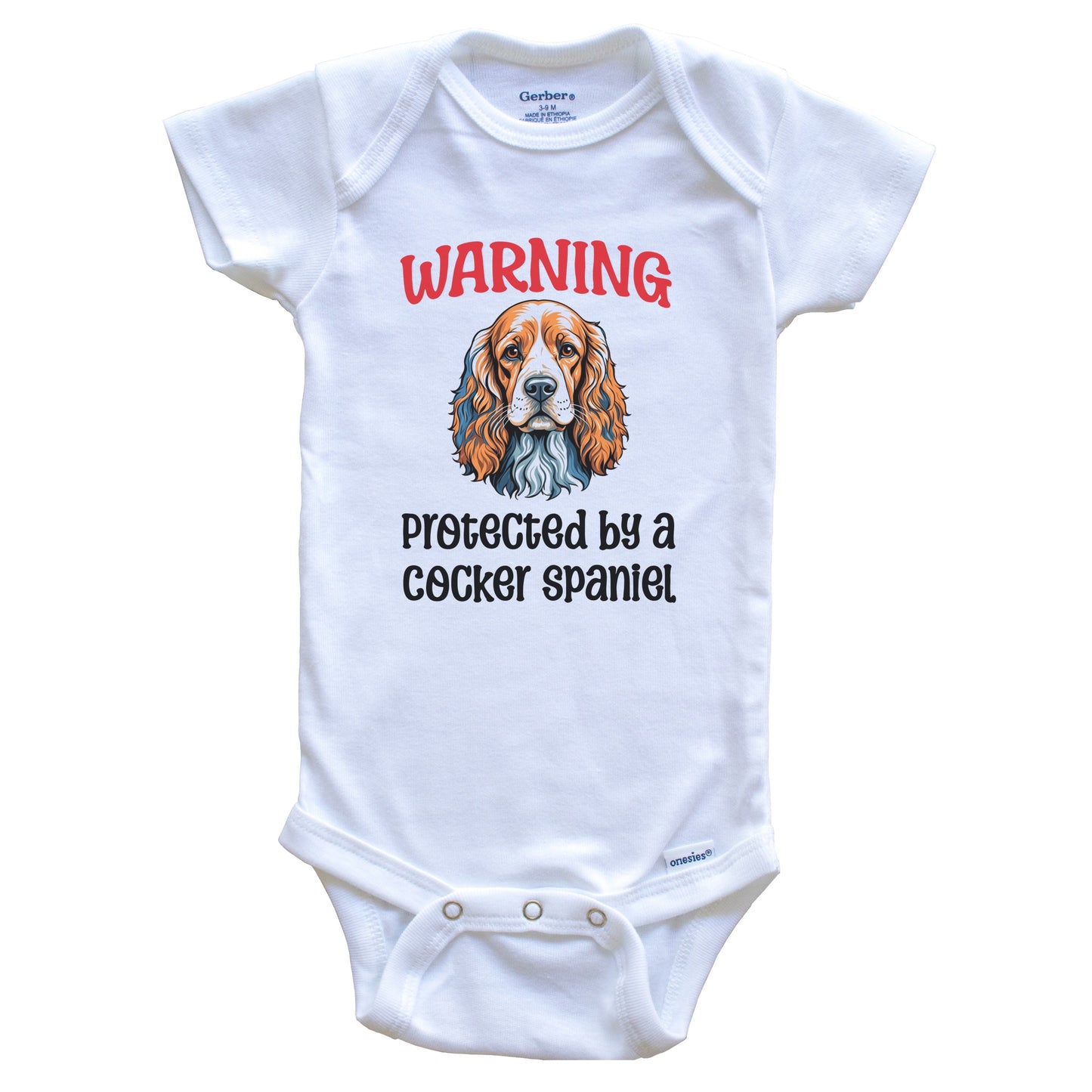 Warning Protected By A Cocker Spaniel Funny Dog Breed Baby Bodysuit