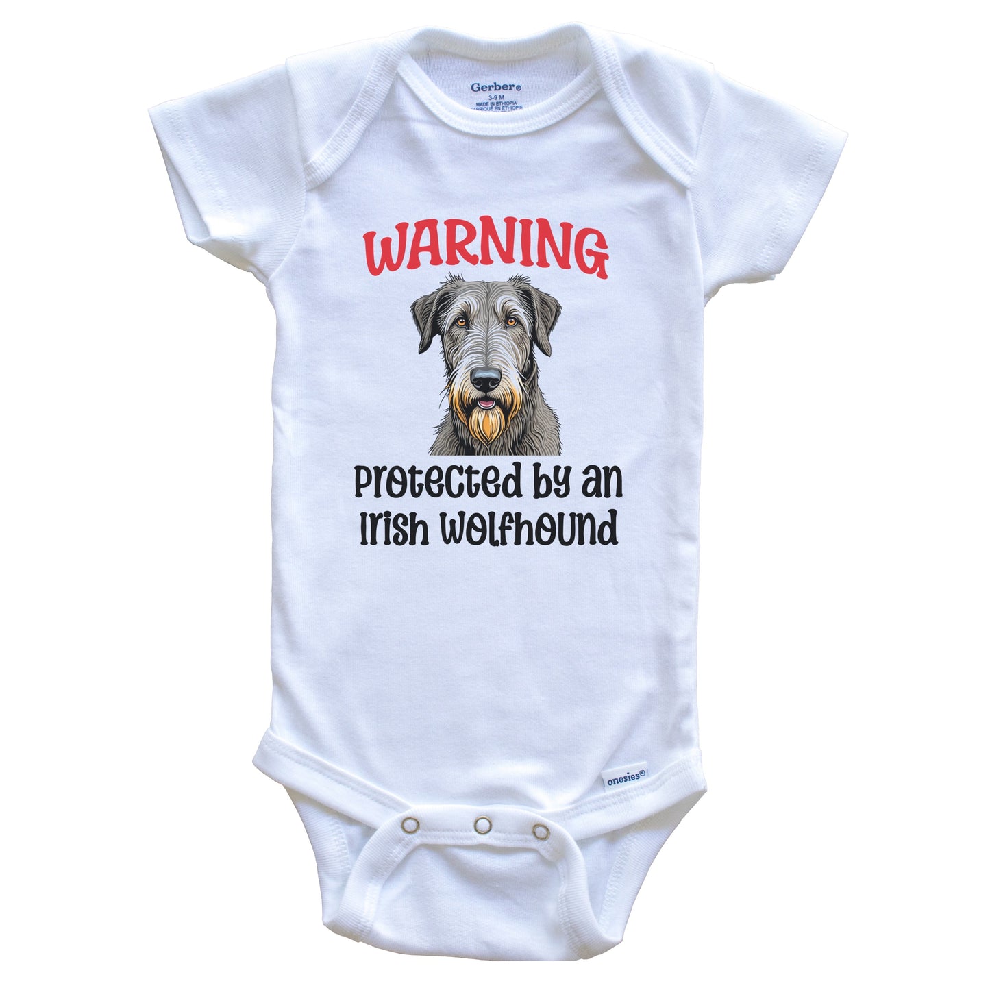 Warning Protected By An Irish Wolfhound Funny Dog Breed Baby Bodysuit