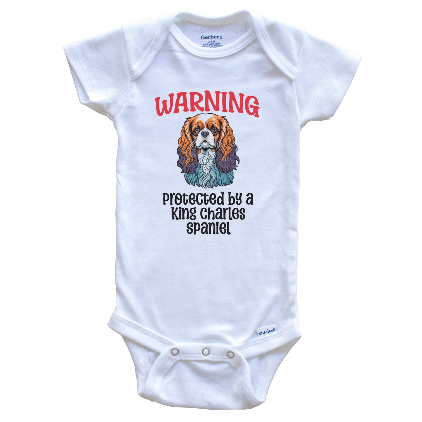 Warning Protected By A King Charles Spaniel Funny Dog Breed Baby Bodysuit