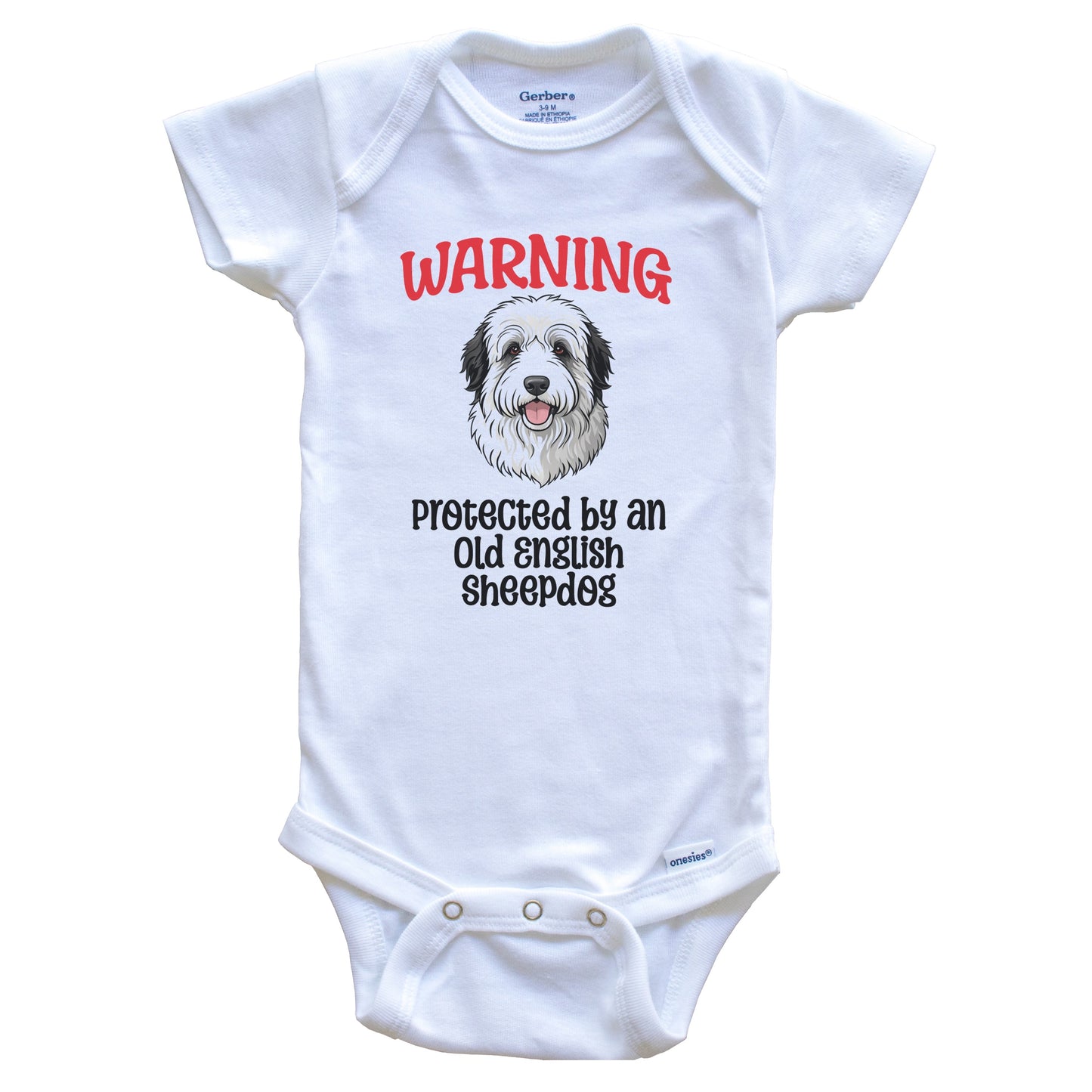 Warning Protected By An Old English Sheepdog Funny Dog Breed Baby Bodysuit