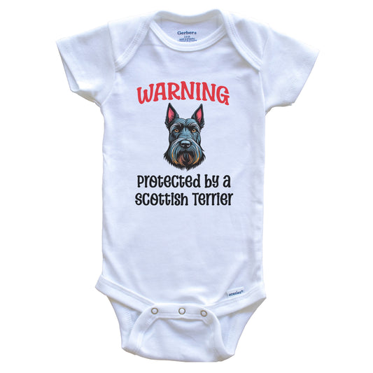 Warning Protected By A Scottish Terrier Funny Dog Breed Baby Bodysuit