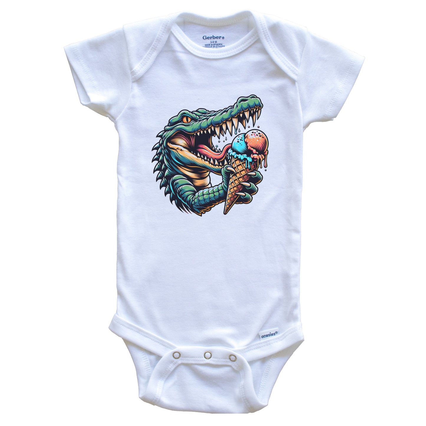 Alligator Eating Ice Cream Funny Cartoon Summer Baby Bodysuit