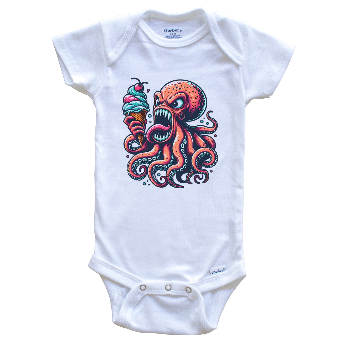 Octopus Eating Ice Cream Funny Cartoon Summer Baby Bodysuit