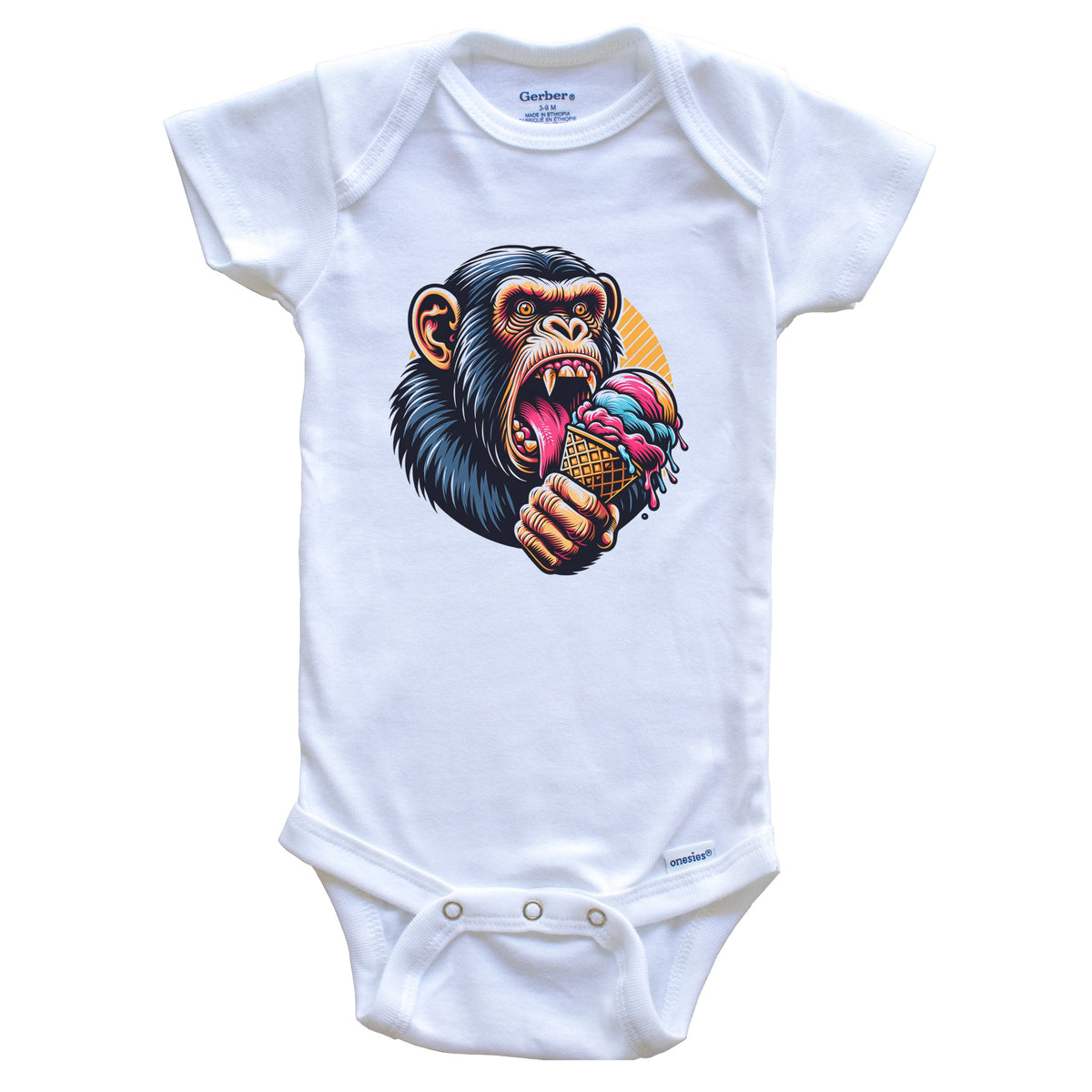 Chimpanzee Eating Ice Cream Funny Cartoon Summer Chimp Baby Bodysuit
