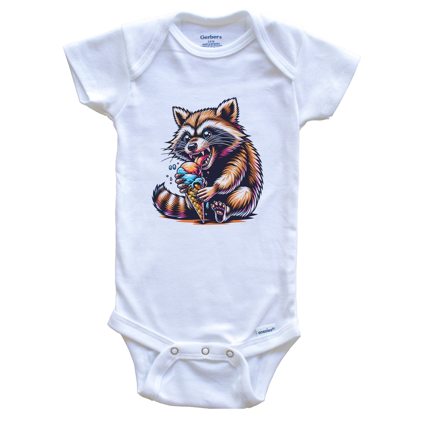 Raccoon Eating Ice Cream Funny Cartoon Summer Baby Bodysuit
